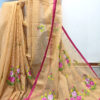 Exquisite embroidery work in floral design has been neatly done on a sandalwood color Resham check saree.