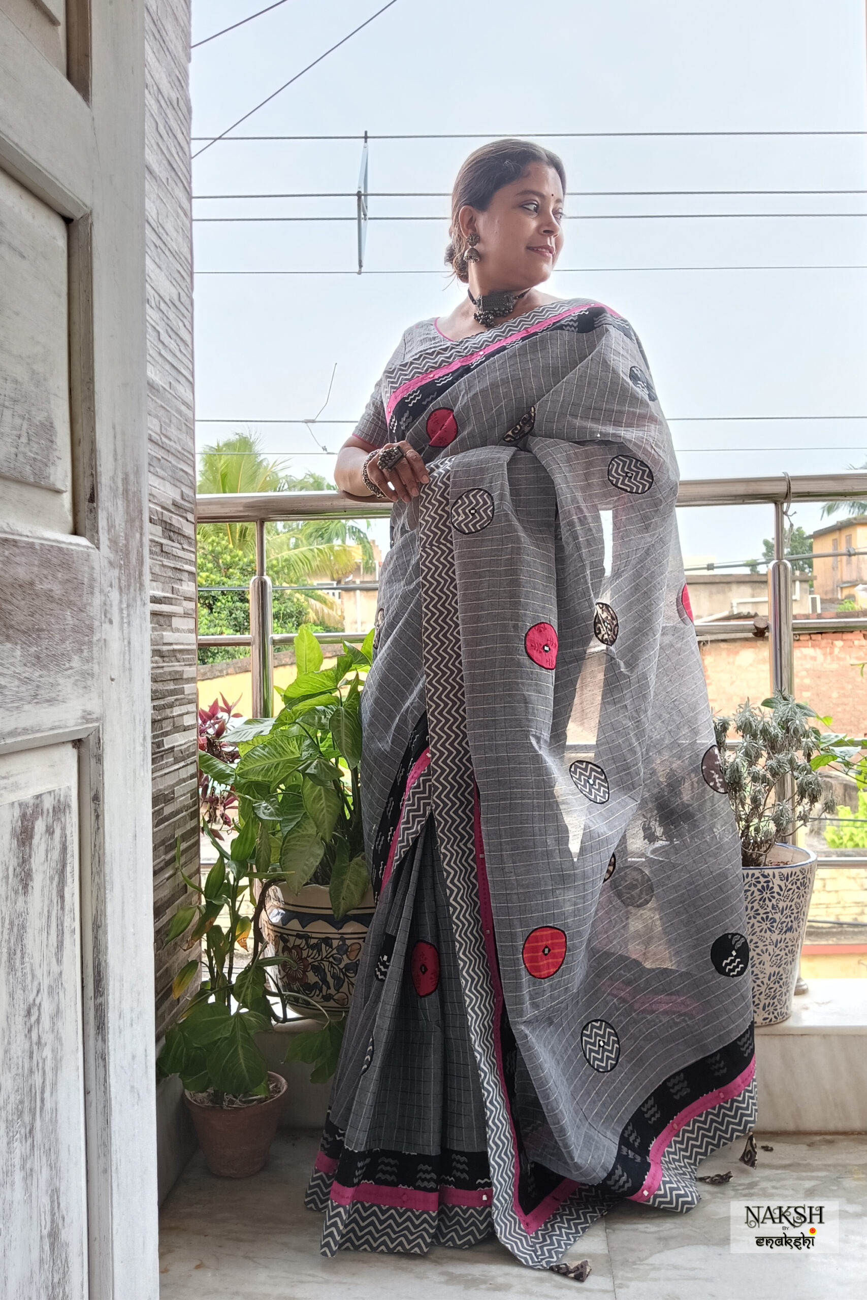 Steel grey handloom zari check pure cotton saree with patchwork design