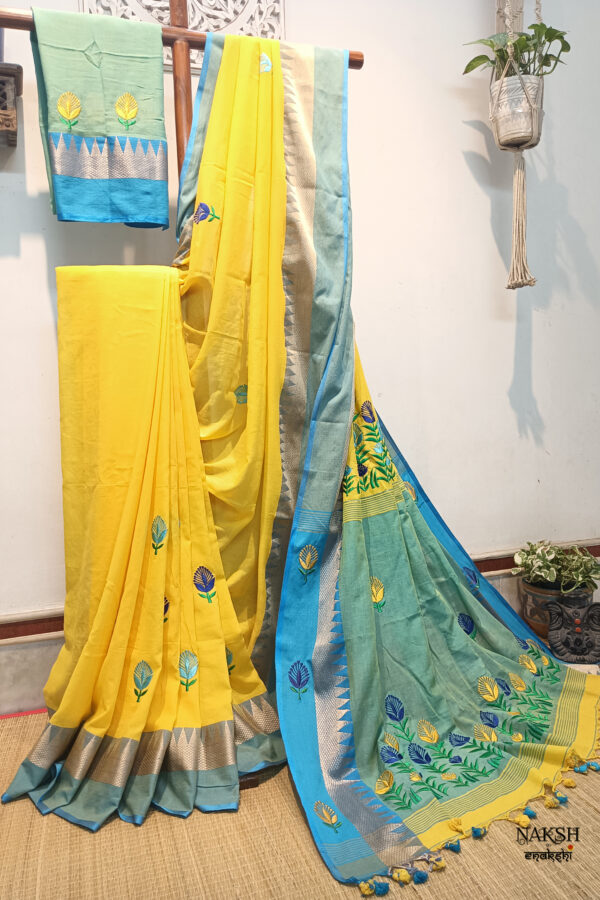 Elevate your ethnic wardrobe with our stunning handloom pure cotton saree in vibrant yellow, adorned with a magnificent firoza-colored temple woven border. This saree is a masterpiece of craftsmanship, featuring intricately embroidered multicolor floral design, neatly and artistically crafted onto the fabric.