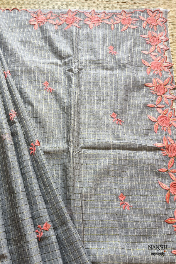 Experience the perfect blend of tradition, style, and comfort with this steel grey colour handloom pure cotton by cotton saree. Elevate your festive wardrobe with this timeless masterpiece. Crafted from pure handloom cotton, it’s not only lightweight and summer-friendly but also incredibly comfortable to wear all day long. Complete your look with the included embroidered contrast blouse piece. Shop online this beautiful handloom pure cotton saree with exquisite embroidery work.