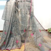 Handloom resham by cotton checks saree with embroidery work on grey color. A small and pretty floral motif has been neatly embroidered