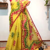 Hand painted resham by cotton checks saree. resham check saree. hand painted saree. cotton saree. yellow saree