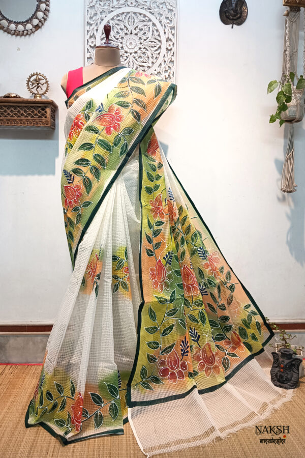 Hand painted resham by cotton checks saree. resham check saree. hand painted saree. cotton saree.