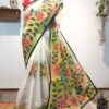 Hand painted resham by cotton checks saree. resham check saree. hand painted saree. cotton saree.