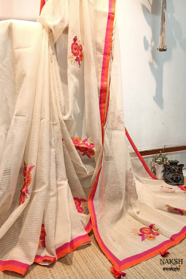 Handloom resham by cotton checks saree with embroidery work