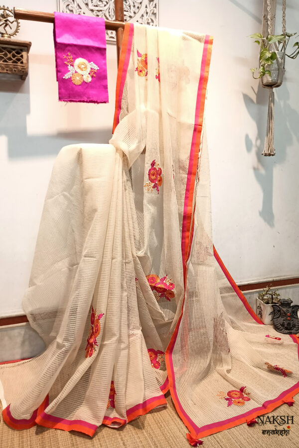 Handloom resham by cotton checks saree with embroidery work