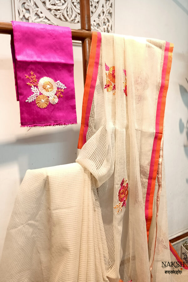 Handloom resham by cotton checks saree with embroidery work