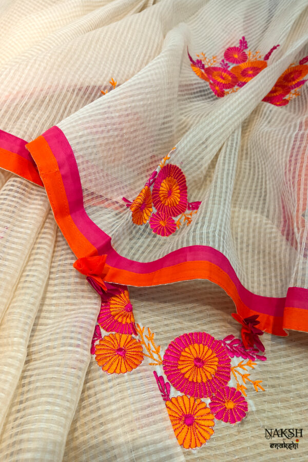 Handloom resham by cotton checks saree with embroidery work
