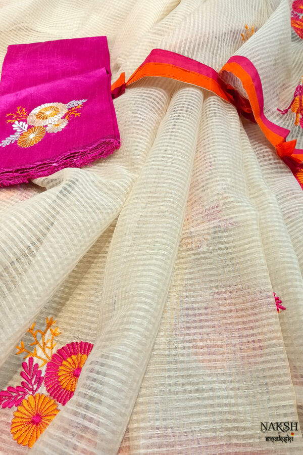 Handloom resham by cotton checks saree with embroidery work