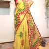 Hand painted resham by cotton checks saree. resham check saree. hand painted saree. cotton saree. yellow saree