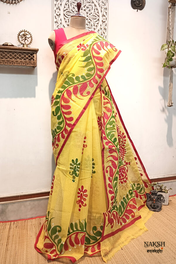 Hand painted resham by cotton checks saree. resham check saree. hand painted saree. cotton saree. yellow saree