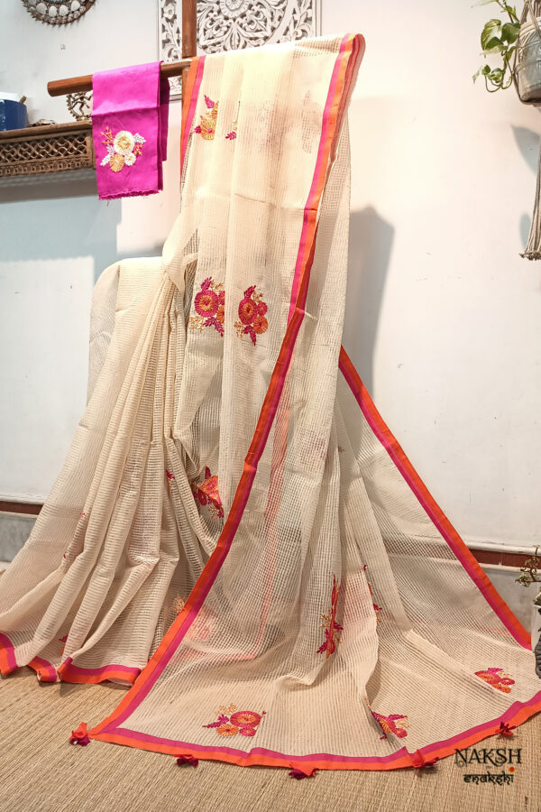Handloom resham by cotton checks saree with embroidery work