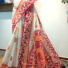 Hand painted resham by cotton checks saree. resham check saree. hand painted saree. cotton saree. white saree bengali saree, red and white saree
