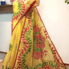 Hand painted resham by cotton checks saree. resham check saree. hand painted saree. cotton saree. yellow saree