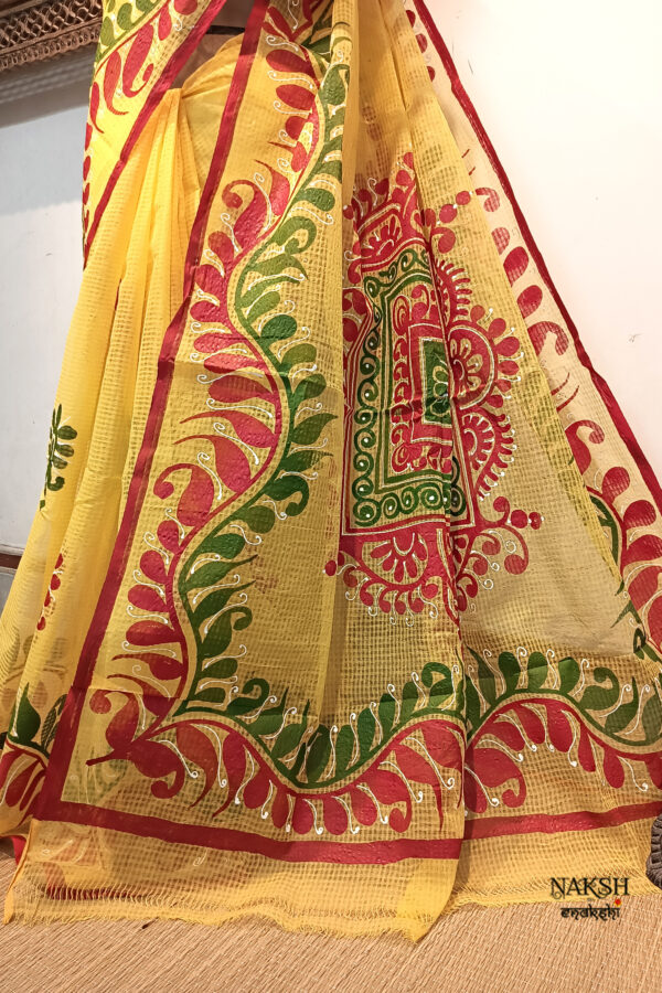 Hand painted resham by cotton checks saree. resham check saree. hand painted saree. cotton saree. yellow saree