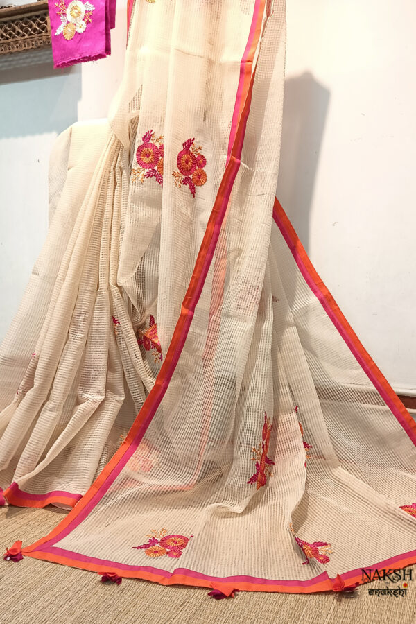 Handloom resham by cotton checks saree with embroidery work