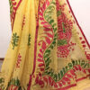 Hand painted resham by cotton checks saree. resham check saree. hand painted saree. cotton saree. yellow saree