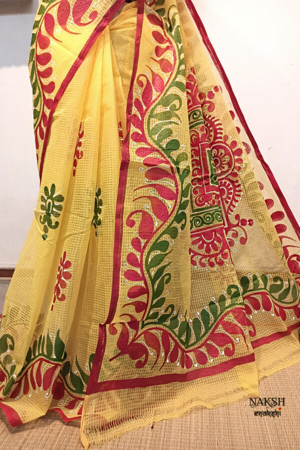 Hand painted resham by cotton checks saree. resham check saree. hand painted saree. cotton saree. yellow saree
