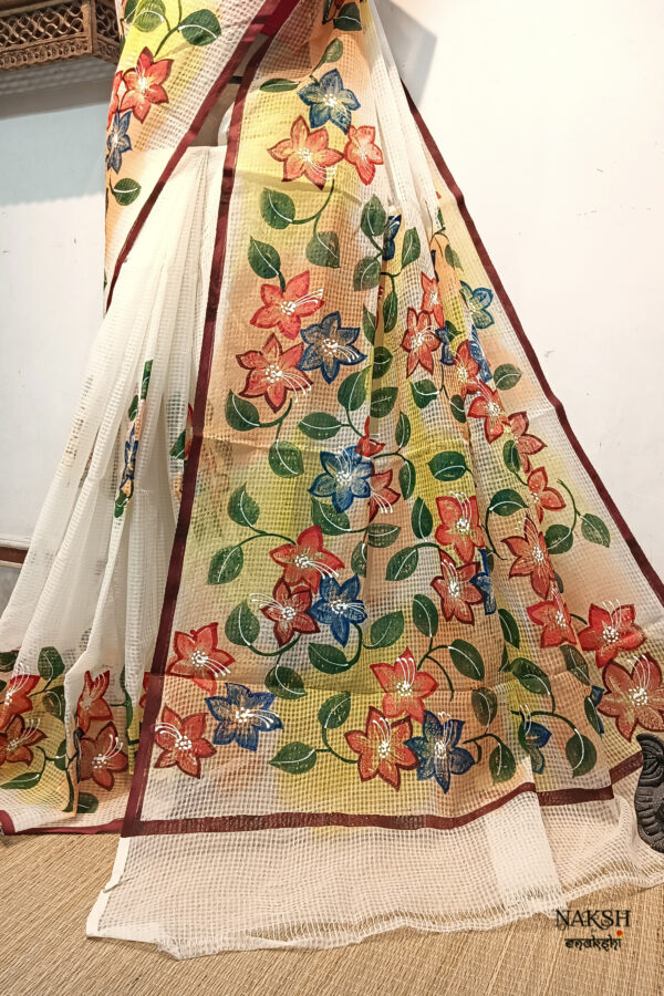 Hand painted resham by cotton checks saree. resham check saree. hand painted saree. cotton saree.