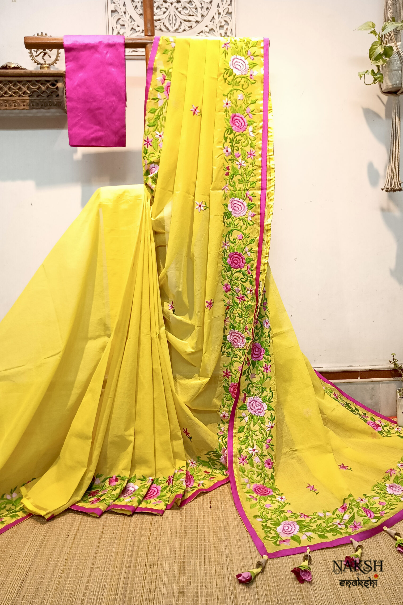 Embroidered handloom pure cotton saree in yellow color cotton saree with blouse piece