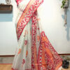 Hand painted resham by cotton checks saree. resham check saree. hand painted saree. cotton saree. white saree bengali saree, red and white saree