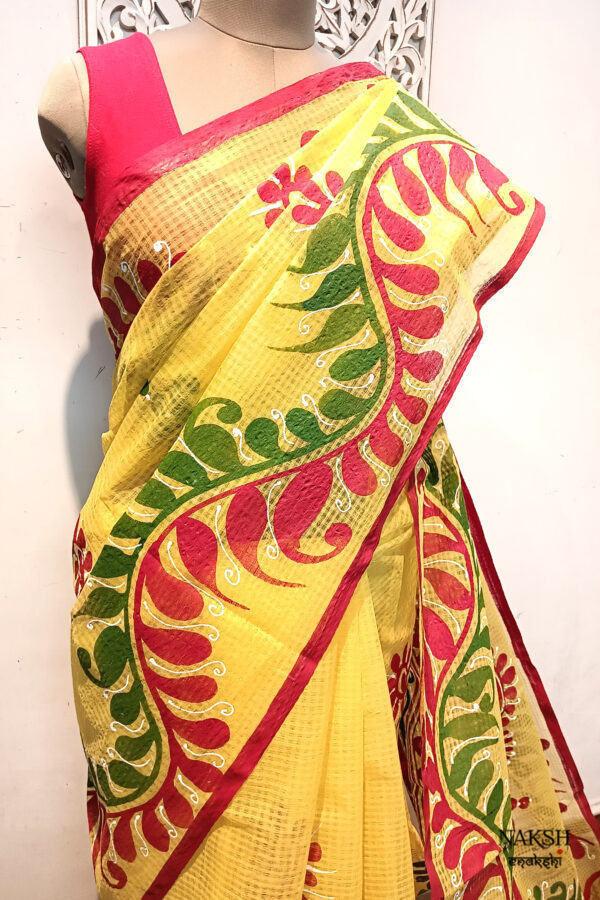 Hand painted resham by cotton checks saree. resham check saree. hand painted saree. cotton saree. yellow saree