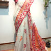 Hand painted resham by cotton checks saree. resham check saree. hand painted saree. cotton saree. white saree bengali saree, red and white saree