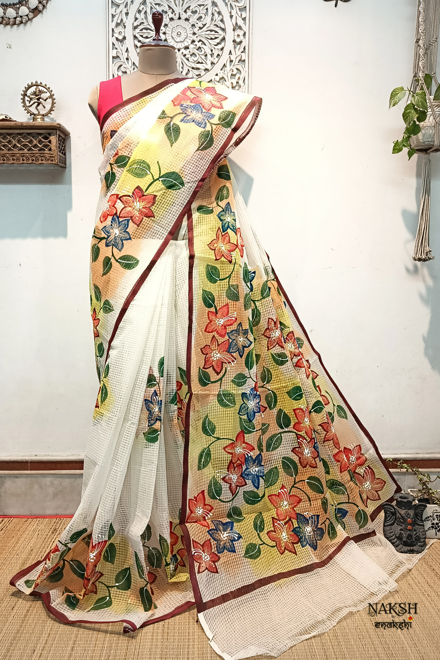 Hand painted resham by cotton checks saree. resham check saree. hand painted saree. cotton saree.