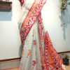 Hand painted resham by cotton checks saree. resham check saree. hand painted saree. cotton saree. white saree bengali saree, red and white saree