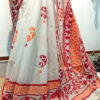 Hand painted resham by cotton checks saree. resham check saree. hand painted saree. cotton saree. white saree bengali saree, red and white saree