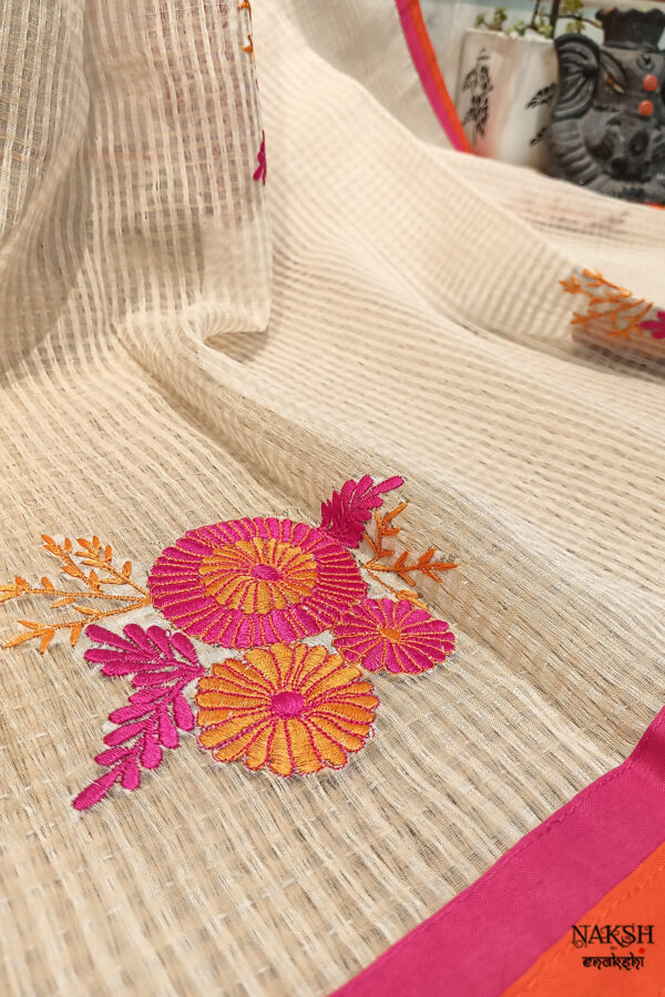 Handloom resham by cotton checks saree with embroidery work