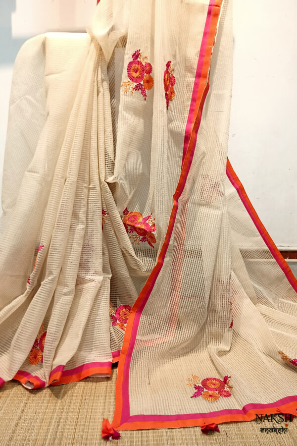 Handloom resham by cotton checks saree with embroidery work