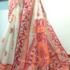 Hand painted resham by cotton checks saree. resham check saree. hand painted saree. cotton saree. white saree bengali saree, red and white saree