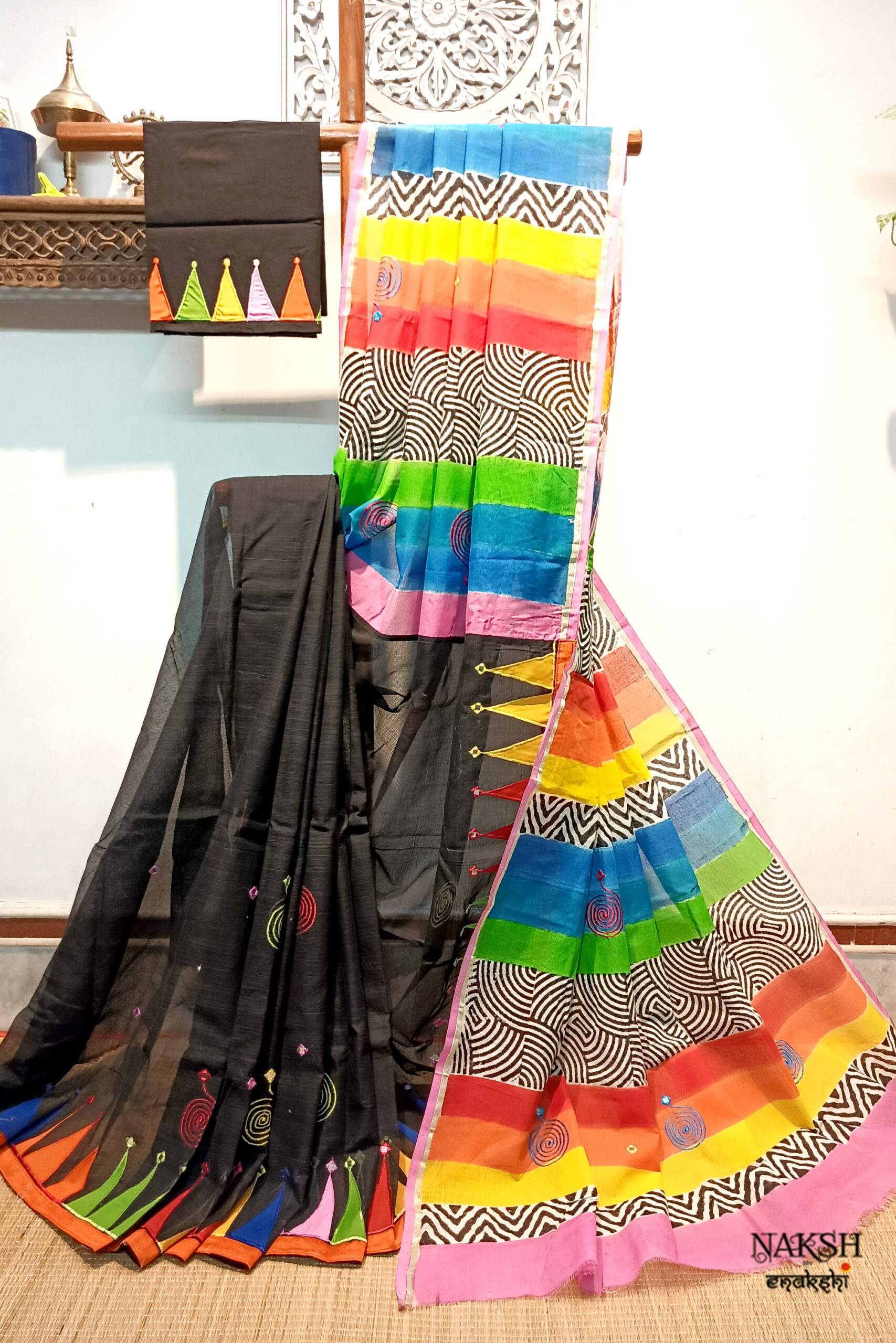 Handloom pure cotton saree with embroidery and applique mix & match work