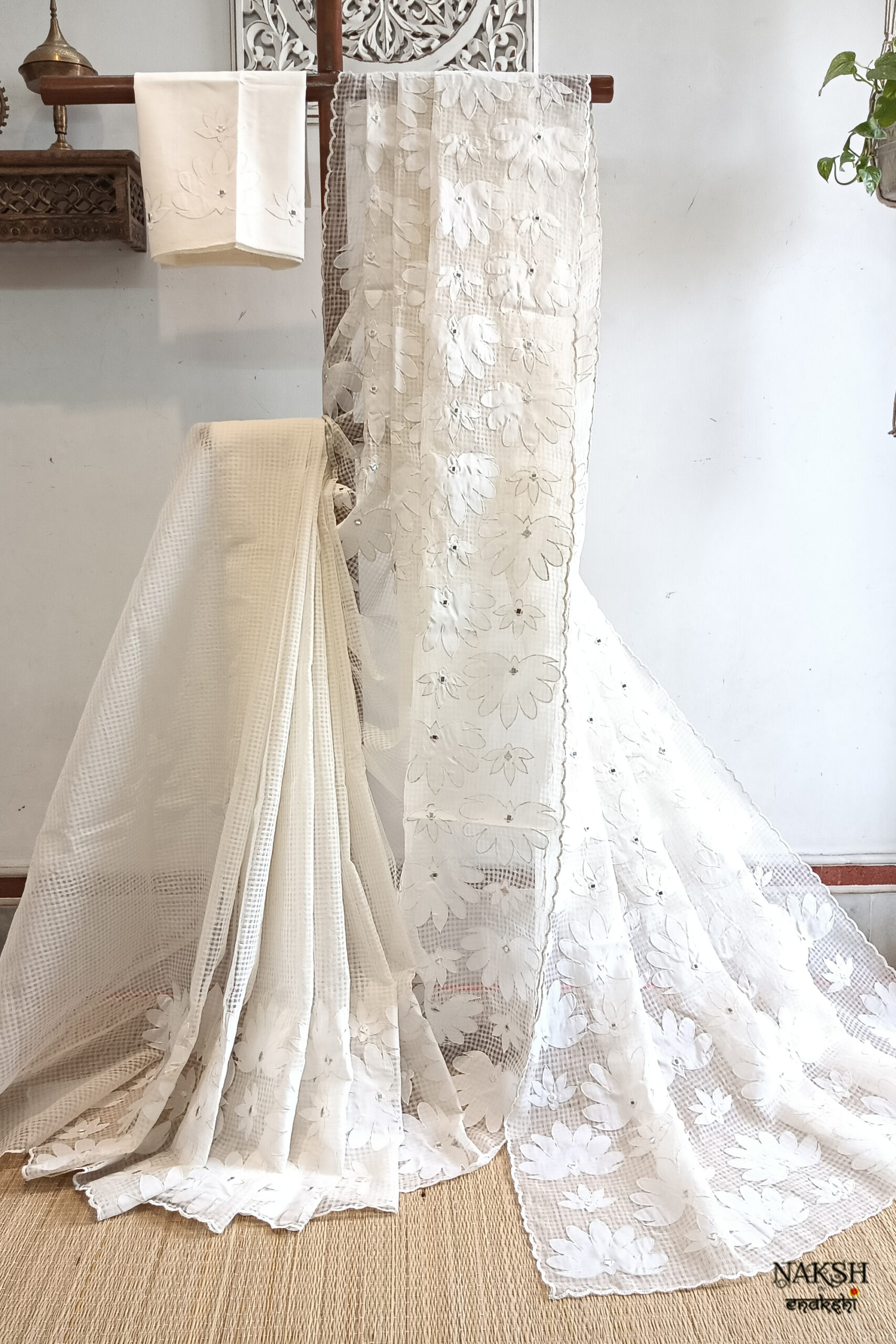 resham check saree applique work saree white saree