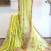 Hand embroidered tussar saree light lemon green color saree with embroidered blouse piece