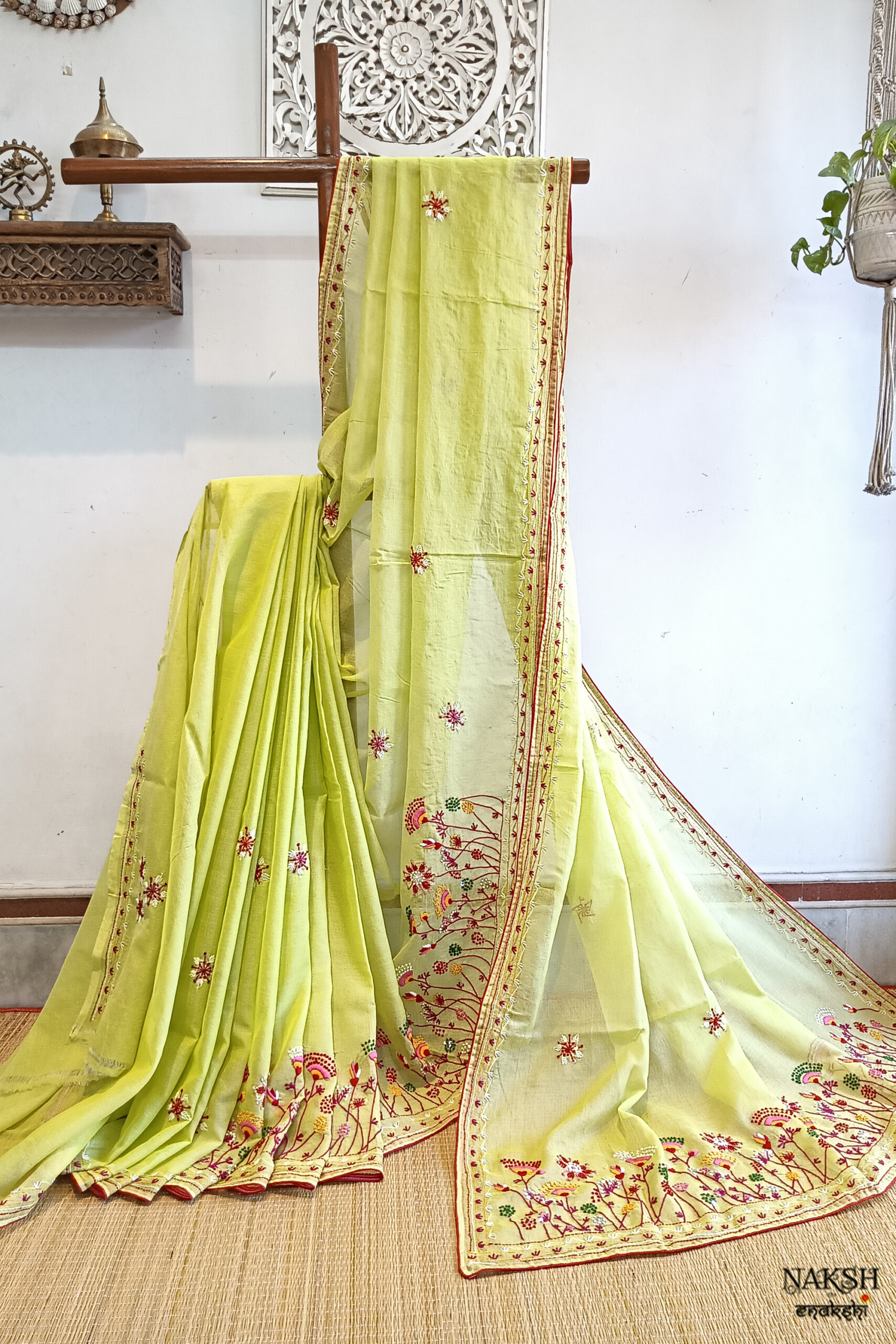 Hand embroidered tussar saree light lemon green color saree with embroidered blouse piece