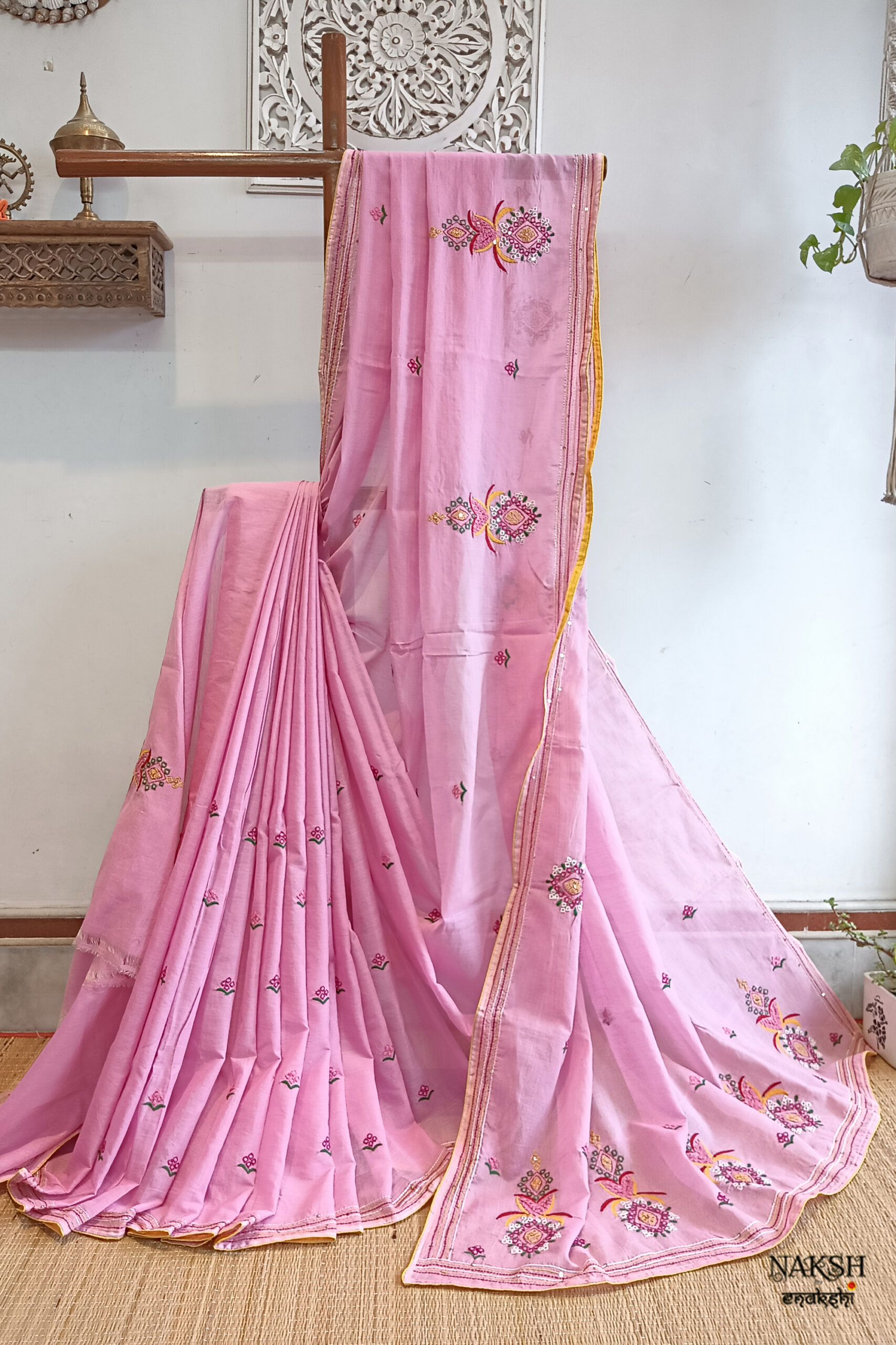 Hand embroidered tussar saree pink color saree with embroidered blouse piece