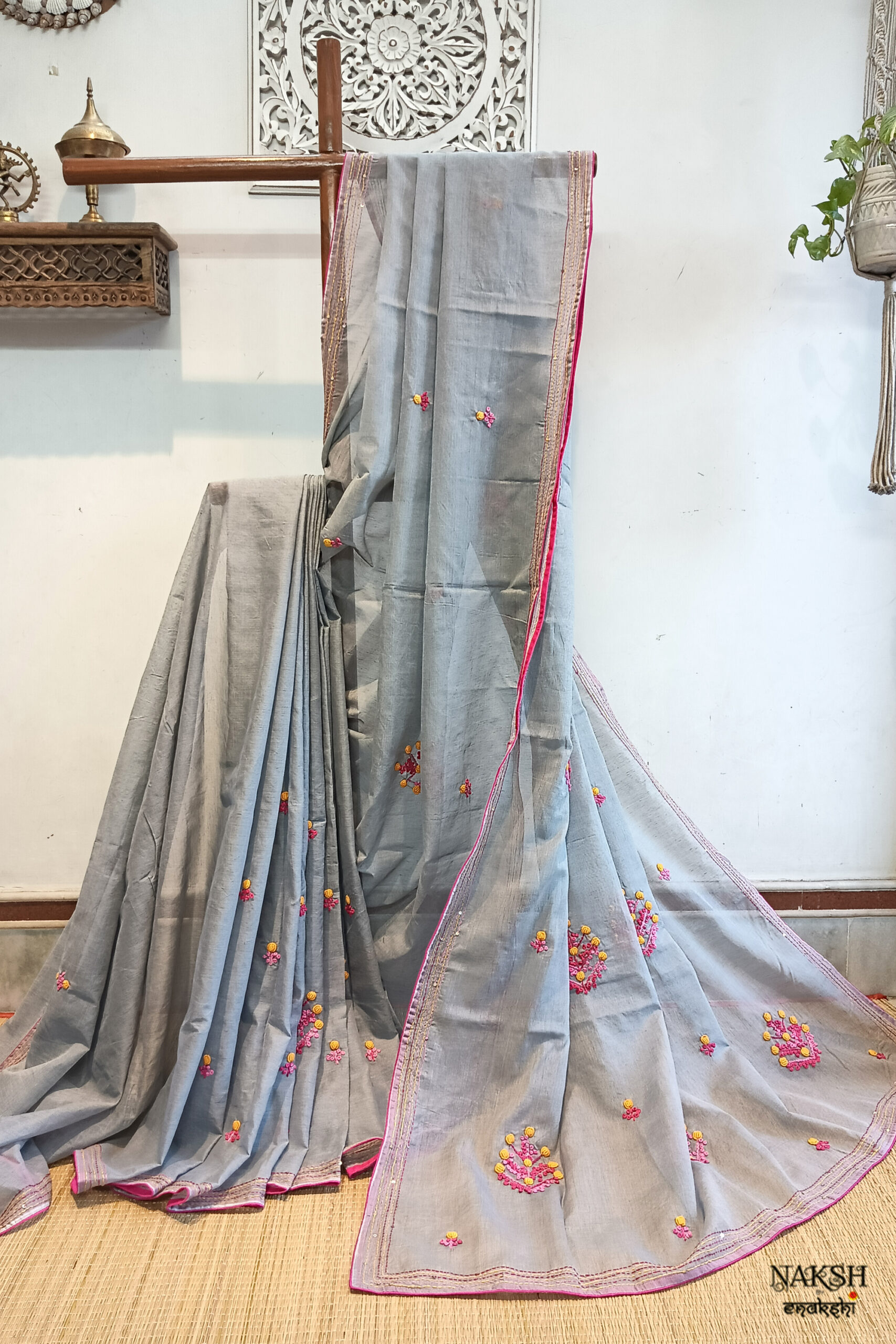 Hand embroidered tussar saree steel grey color saree with embroidered blouse piece