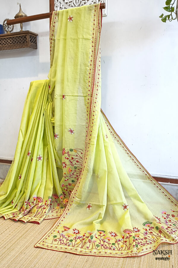 Hand embroidered tussar saree light lemon green color saree with embroidered blouse piece