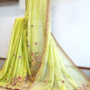 Hand embroidered tussar saree light lemon green color saree with embroidered blouse piece