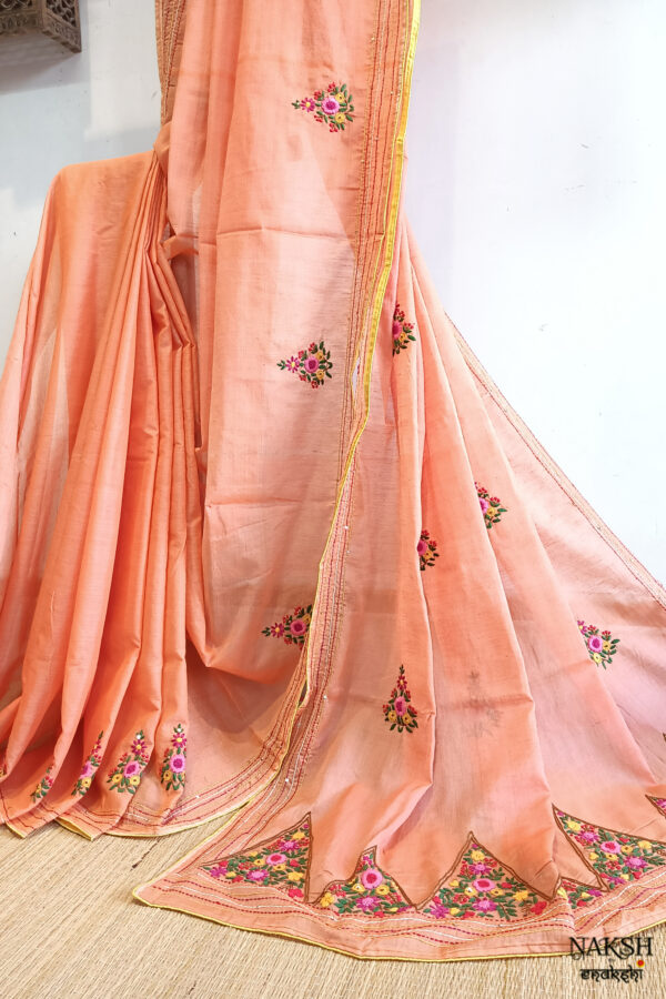 Hand embroidered tussar saree peach pink pink color saree with embroidered blouse piece