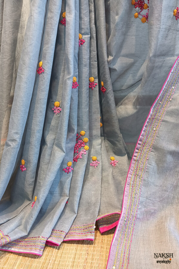 Hand embroidered tussar saree steel grey color saree with embroidered blouse piece