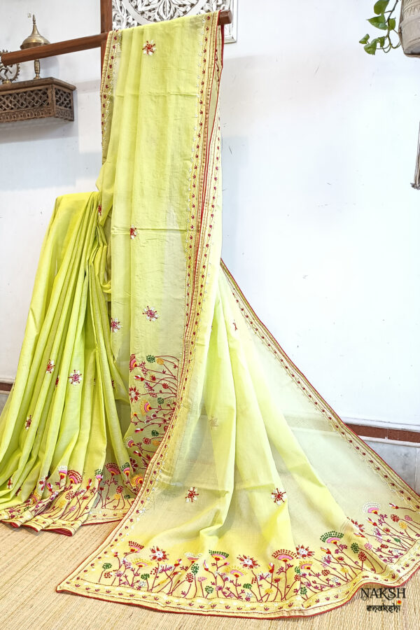 Hand embroidered tussar saree light lemon green color saree with embroidered blouse piece