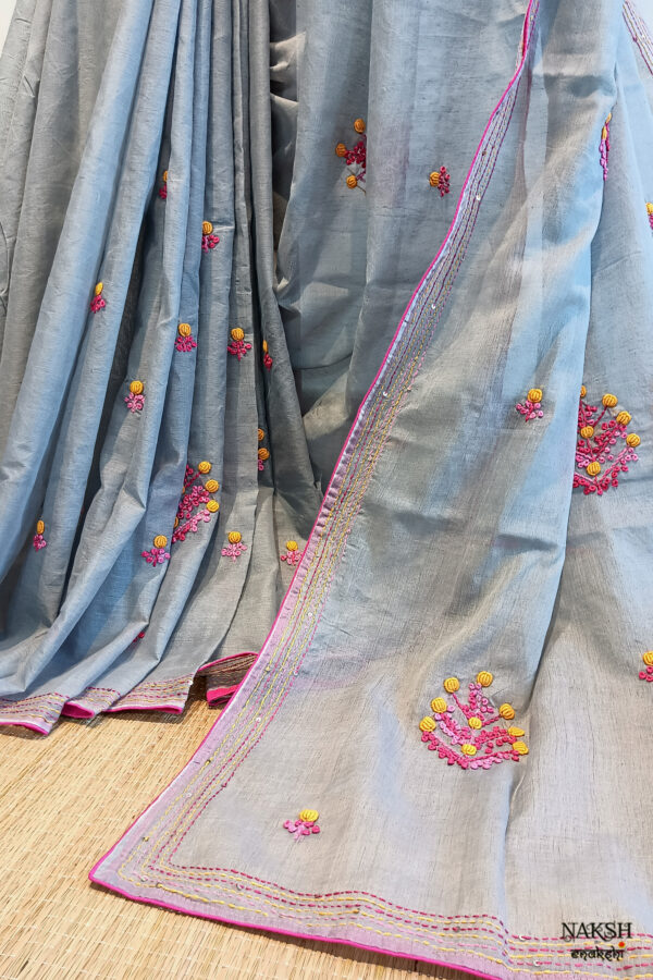 Hand embroidered tussar saree steel grey color saree with embroidered blouse piece