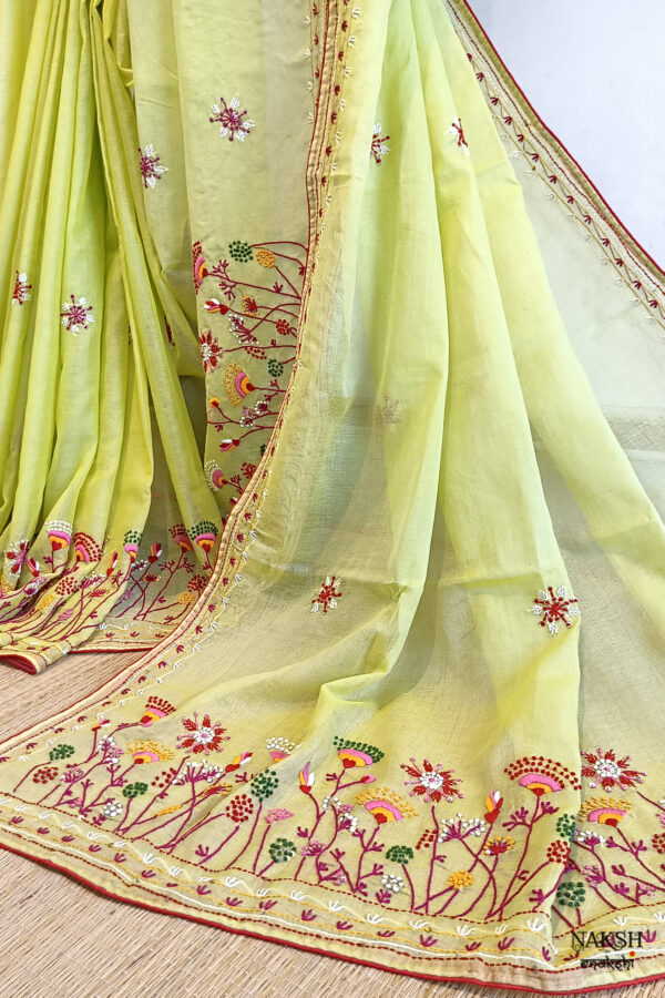 Hand embroidered tussar saree light lemon green color saree with embroidered blouse piece