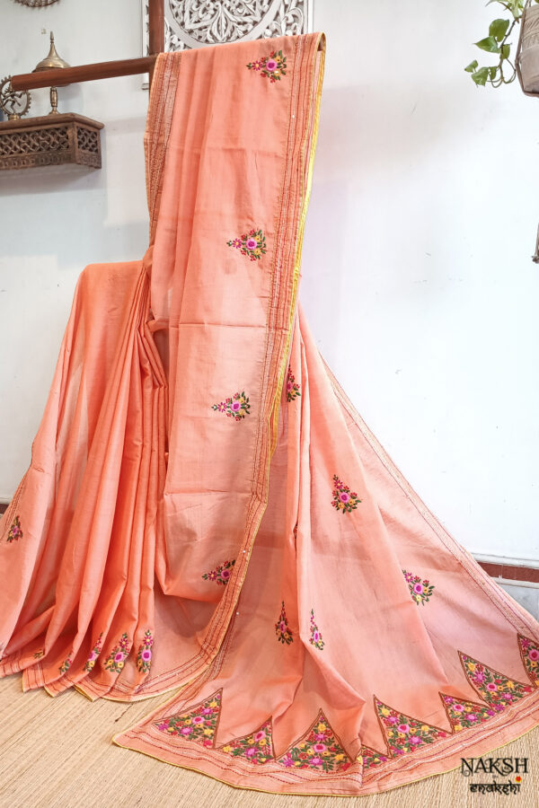 Hand embroidered tussar saree peach pink color saree with embroidered blouse piece