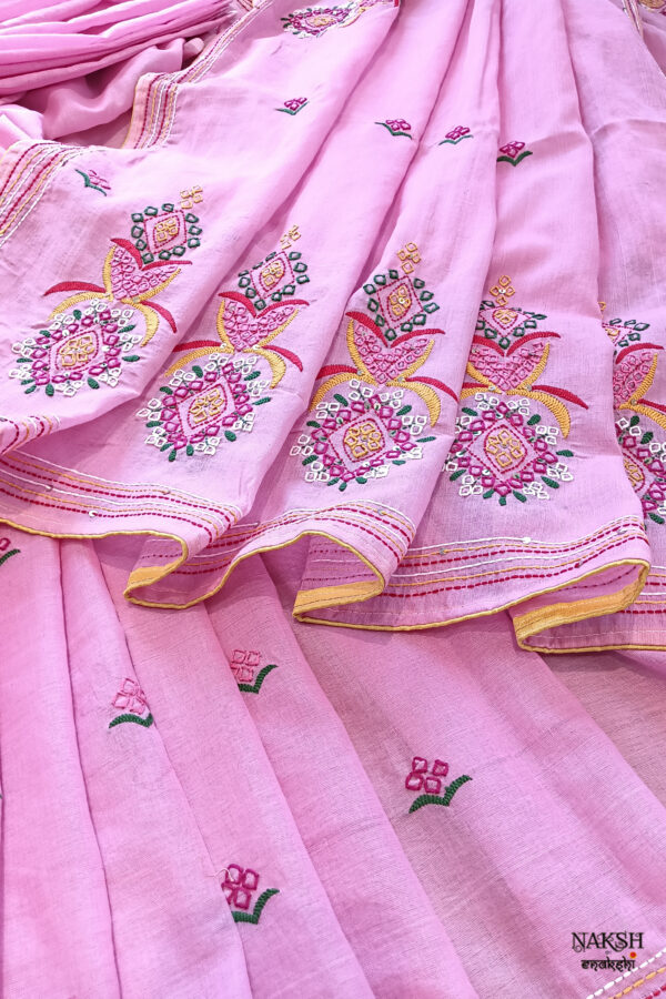 Hand embroidered tussar saree pink color saree with embroidered blouse piece