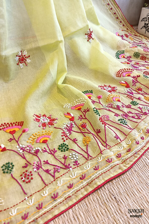 Hand embroidered tussar saree light lemon green color saree with embroidered blouse piece