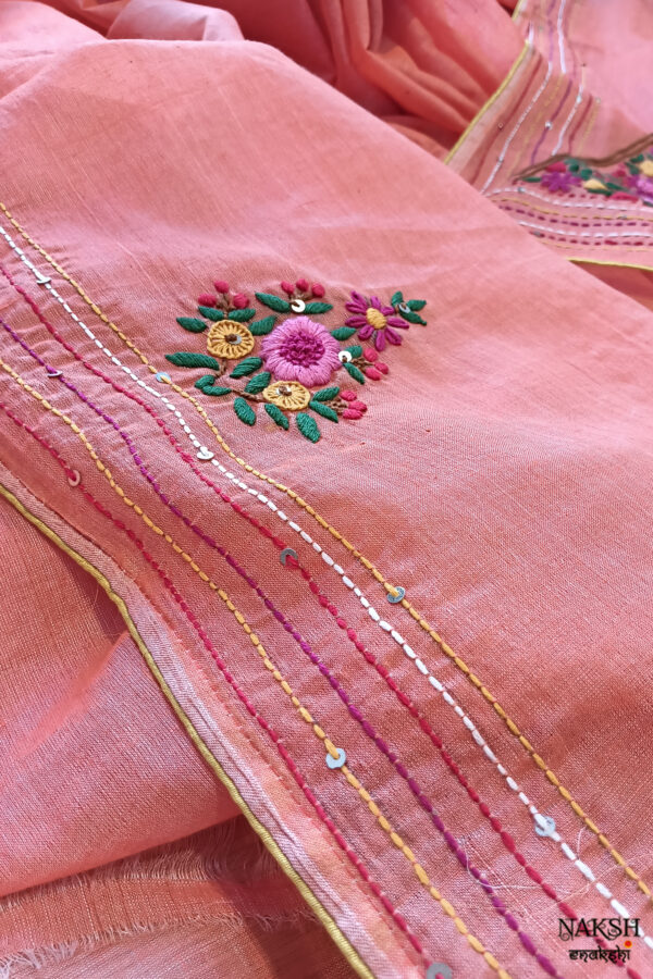 Hand embroidered tussar saree peach pink color saree with embroidered blouse piece